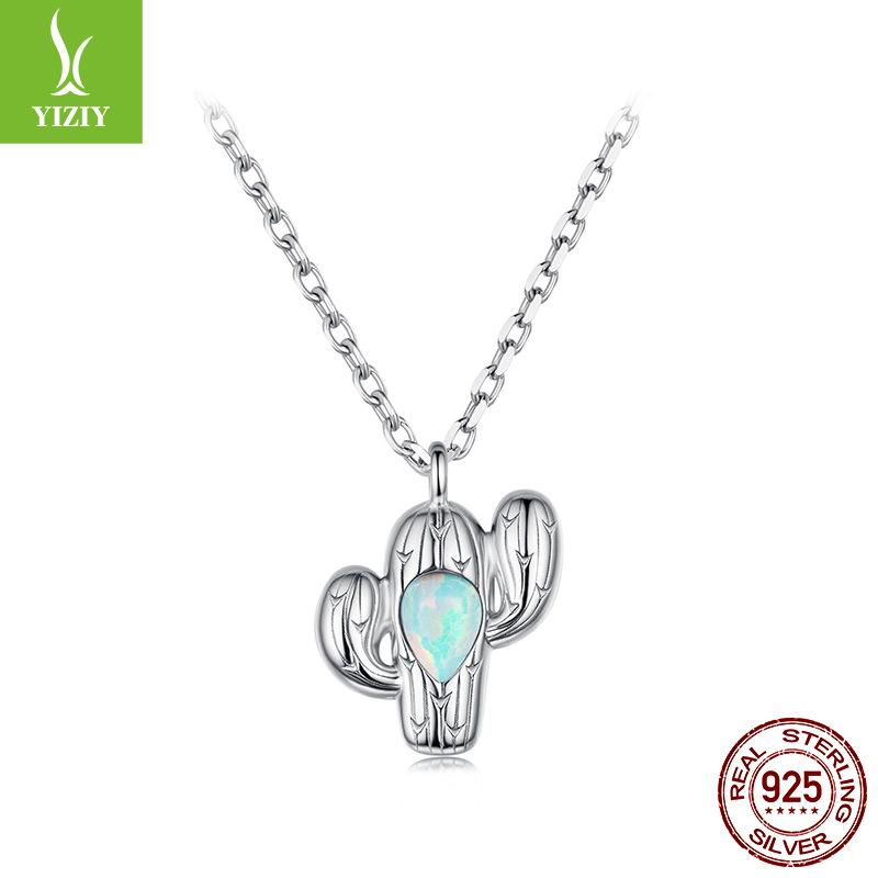 S925 Sterling Silver, Creative Cactus Opal Necklace Women'S Light Luxury Niche Jewelry Cross-Border Ns Style