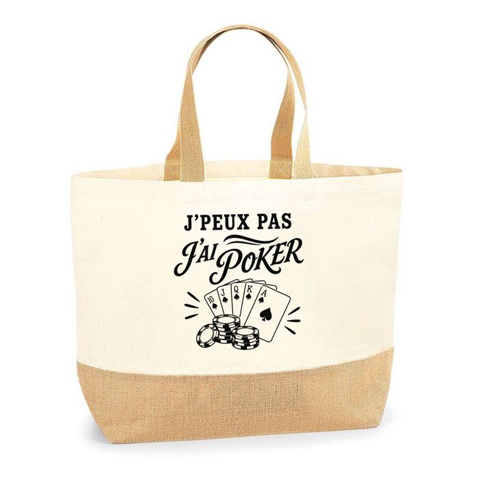 Sac J’peux pas j’ai Poker J'peux pas minimaliste | Cabas en Coton avec Fond Jute 18 L 48 × 37 × 13 cm | Marché Shopping Plage