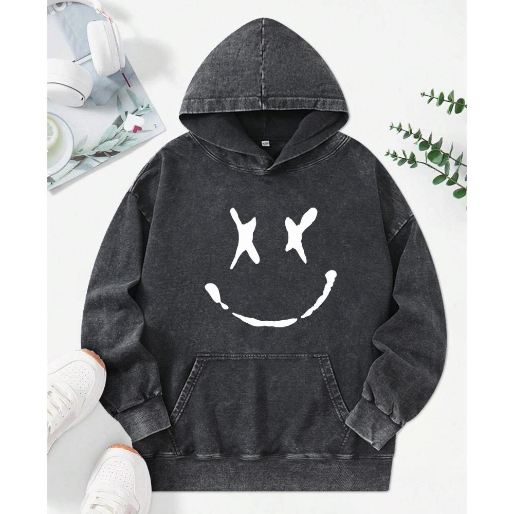 Creative Smiling Printed Washed Hoodies Women Hip Hop Cotton Streetwear Autumn Fashion Clothes Casual Hoody