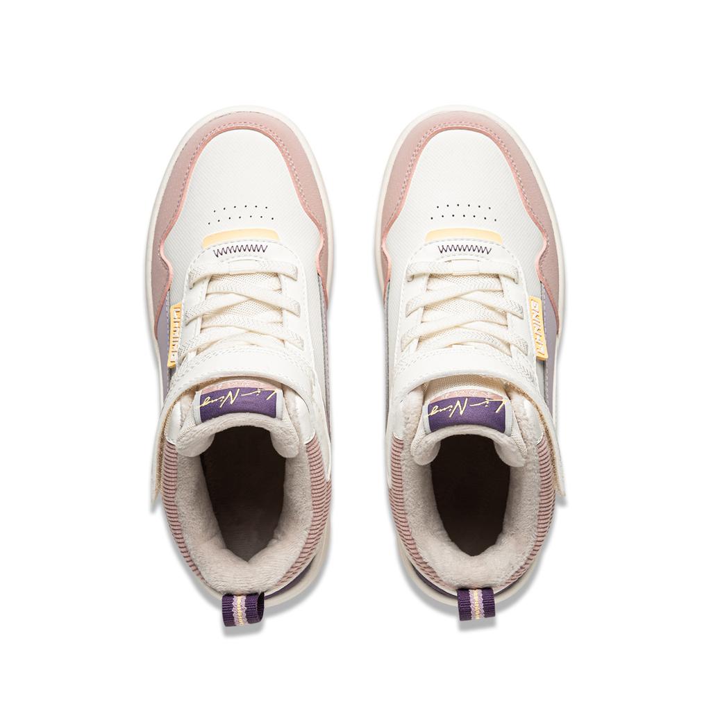 Li Ning Kids Sports Lifestyle Series Comfortable Trendy Non-Slip Shock Absorbing Warm High-Top Casual Shoes Kids Sneaker Light-Pink YKCU216-4