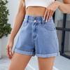 Женские модные однотонные повседневные джинсовые шорты с карманами на пуговицах и подвернутым краем
