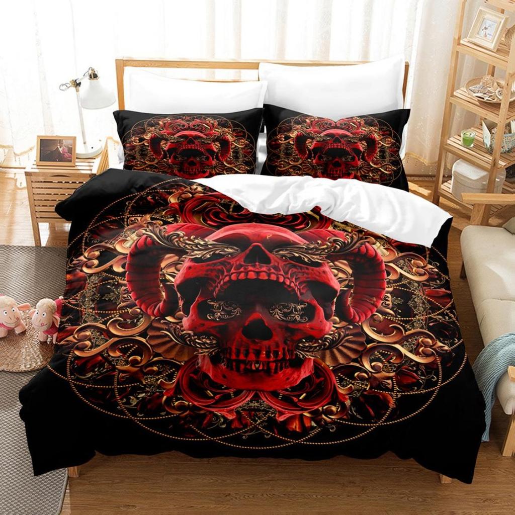 3D Printed Skull Head Bedding Set Halloween Themed Down Duvet Cover Pillowcases, 2/3 Pieces, Boys Room Horror Pattern Quilt Cover