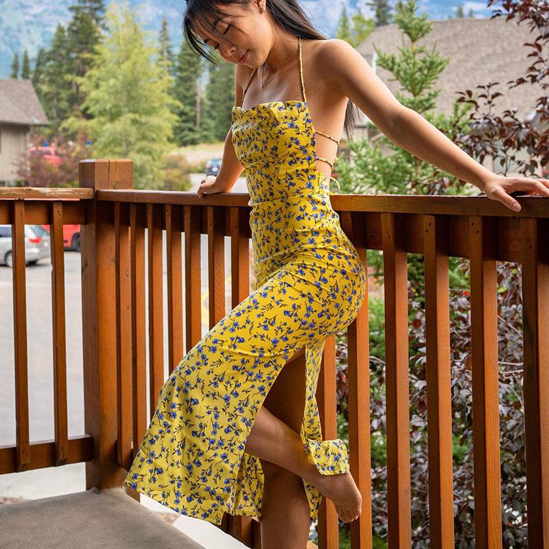 Женское весеннее платье-комбинезон без рукавов с цветочным принтом и без бретелек, летнее повседневное облегающее платье-карандаш длиной до щиколотки с открытой спиной и высокой талией, с разрезом и вырезом-халтер, размеры S-XL