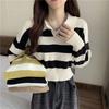 POLO Shirt Polo Neck Stripe Knit Sweater Autumn Top Women Long Sleeve Bottom Sweater Small Korean Short Sweater Pullover Female