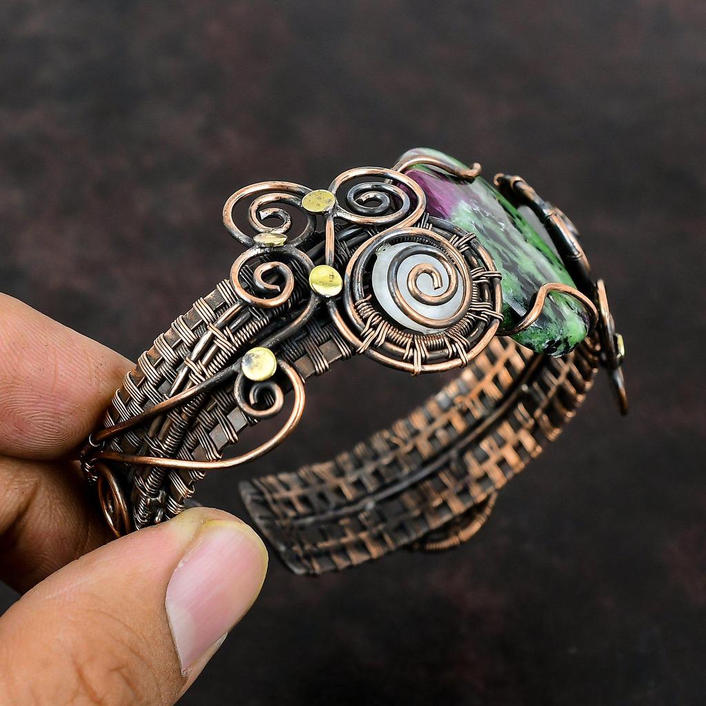 Ruby Zoisite Cuff Bracelet Copper Wire Wrapped Gemstone Cuff Rainbow Moonstone Bangle Handmade Jewelry Adjustable Cuff Bracelet Gift For Mom