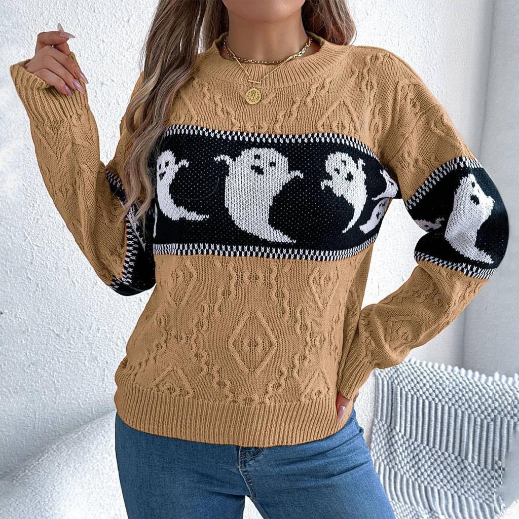 Женская мода повседневный свободный свитер контрастного цвета на Хэллоуин с длинным рукавом пуловер топ