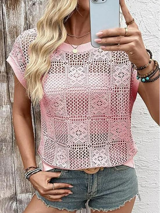 2026 Европейский и Американский Трансграничный Женский Летний Ажурный Топ с Круглым Вырезом в Стиле "Пряная Девушка"