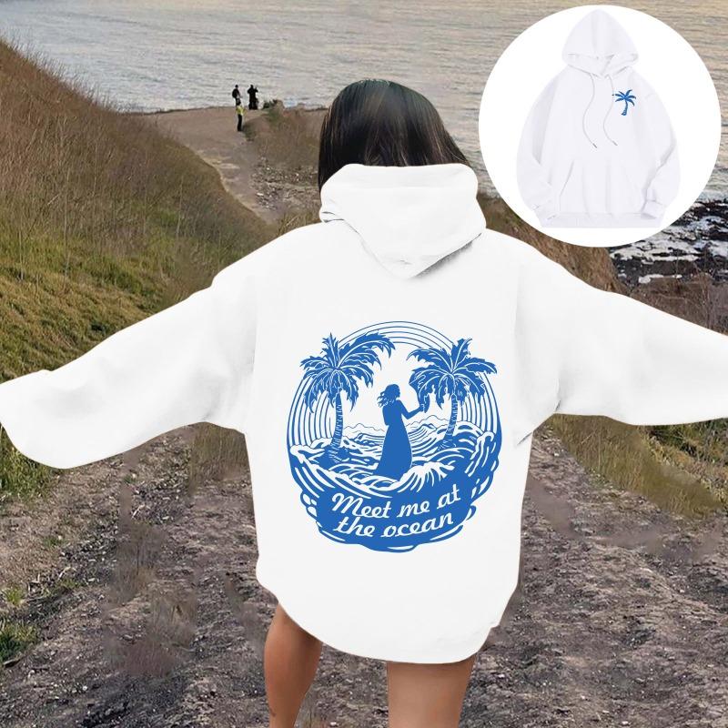 Женские толстовки с изображением пальмы Meet Me At The Ocean с принтом букв Толстовки-пуловеры с длинными рукавами Женская уличная толстовка с капюшоном