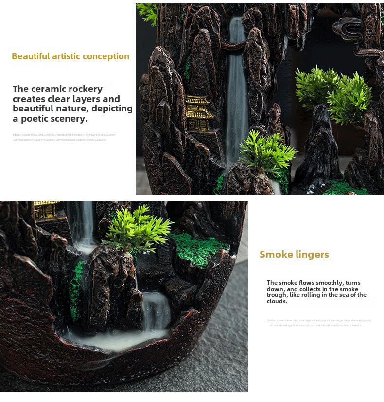 Creative Indoor Backflow Incense Burner: Mountain Stream Design with Agarwood & Sandalwood Aromatherapy for Home Decor