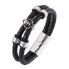 Punk Black Genuine Leather Men Series Jewelry Double Layer Skull Charm Bracelet Buckle Accessories Bangle