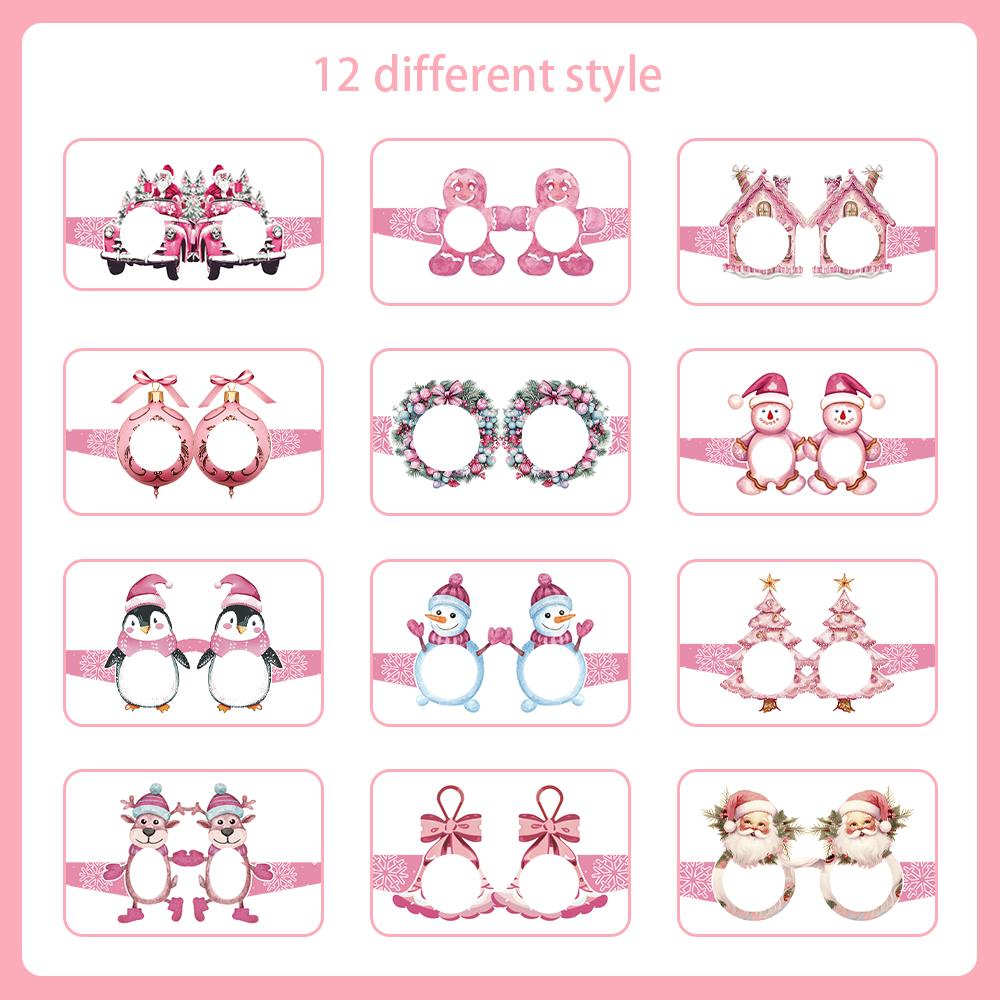 12pcs Pink Christmas Paper Glasses Snowman Penguin Reindeer Bell Santa Claus Paper Glasses Frame Christmas Photo Props Kid Gift