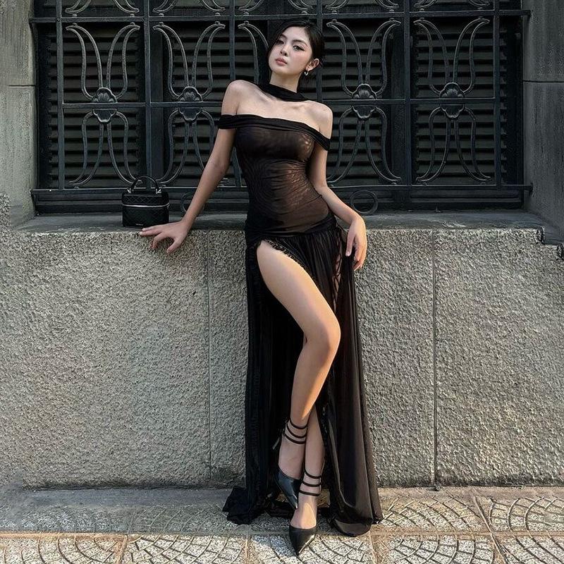 Женское модное сексуальное платье Spice Mesh Perspective Slim-fit с разрезом на одной линии плеча