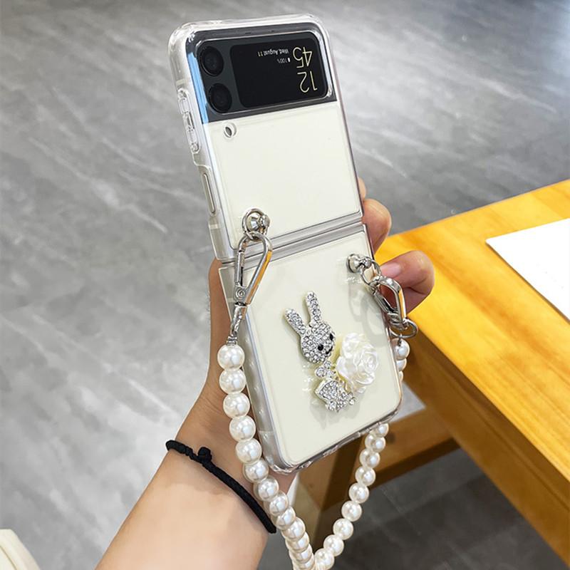 Rhinestone Rabbit Phone Cases For Samsung Galaxy Zflip 3 5g Fashion Niche Pearl Chain Cover For Galaxy Zflip Z Flip 4 Capa