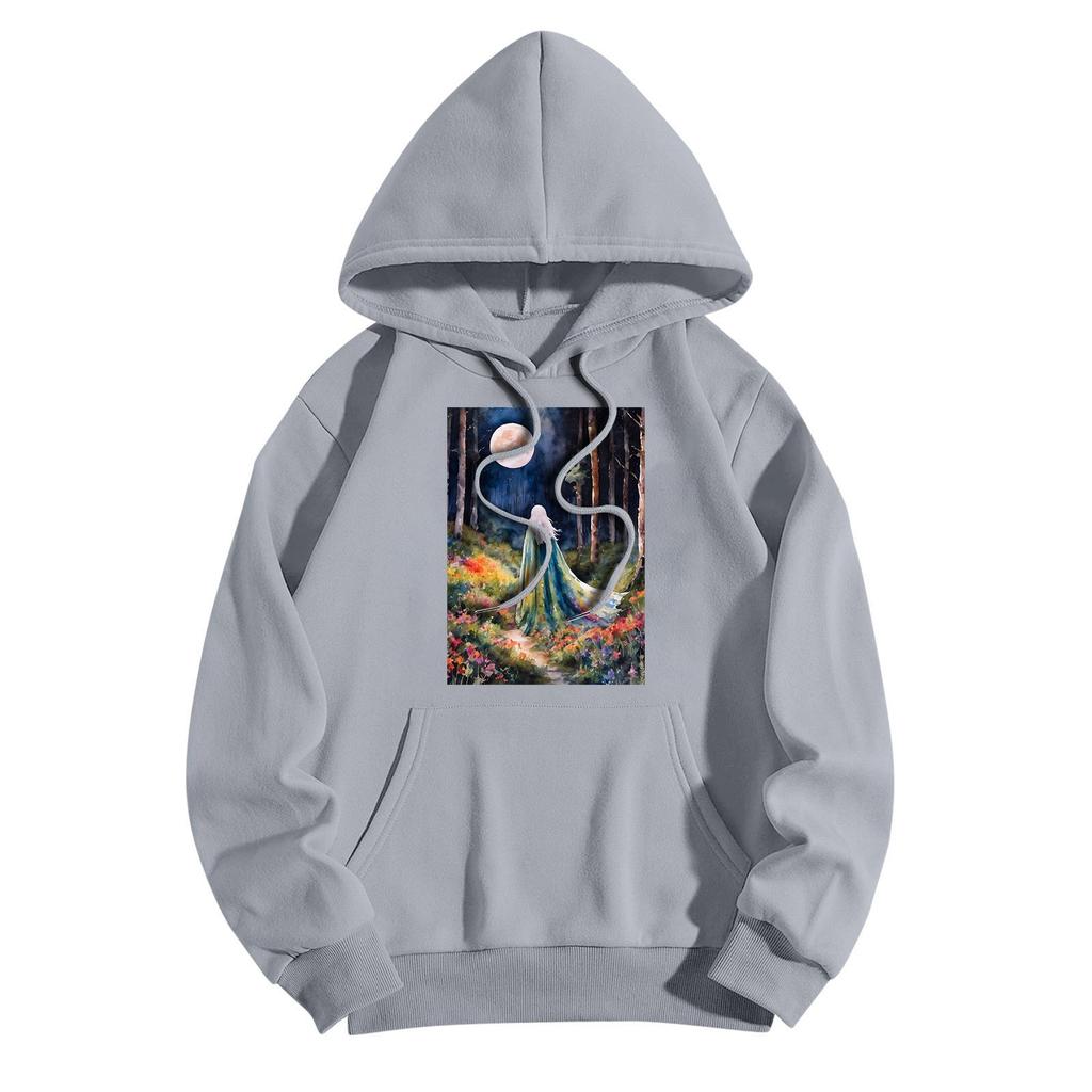 Women's Fashionable Casual Halloween Witch Print Hooded Sweatshirt With Pockets Long Sleeved Sweatshirt