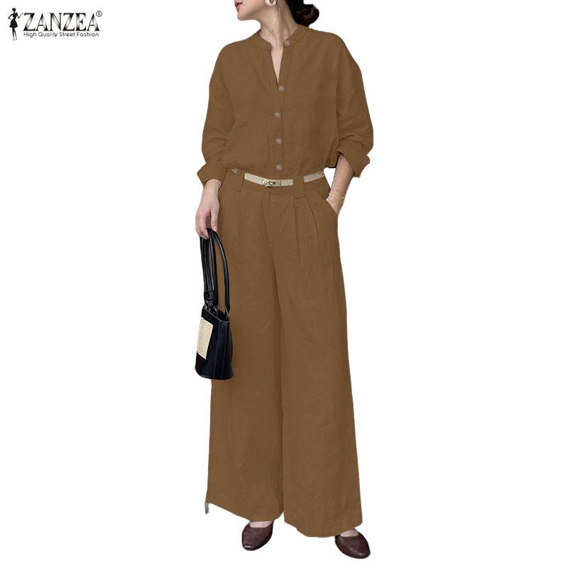 ZANZEA Women Long Sleeve Blouse and Pants Casual Two Piece Suit Sets