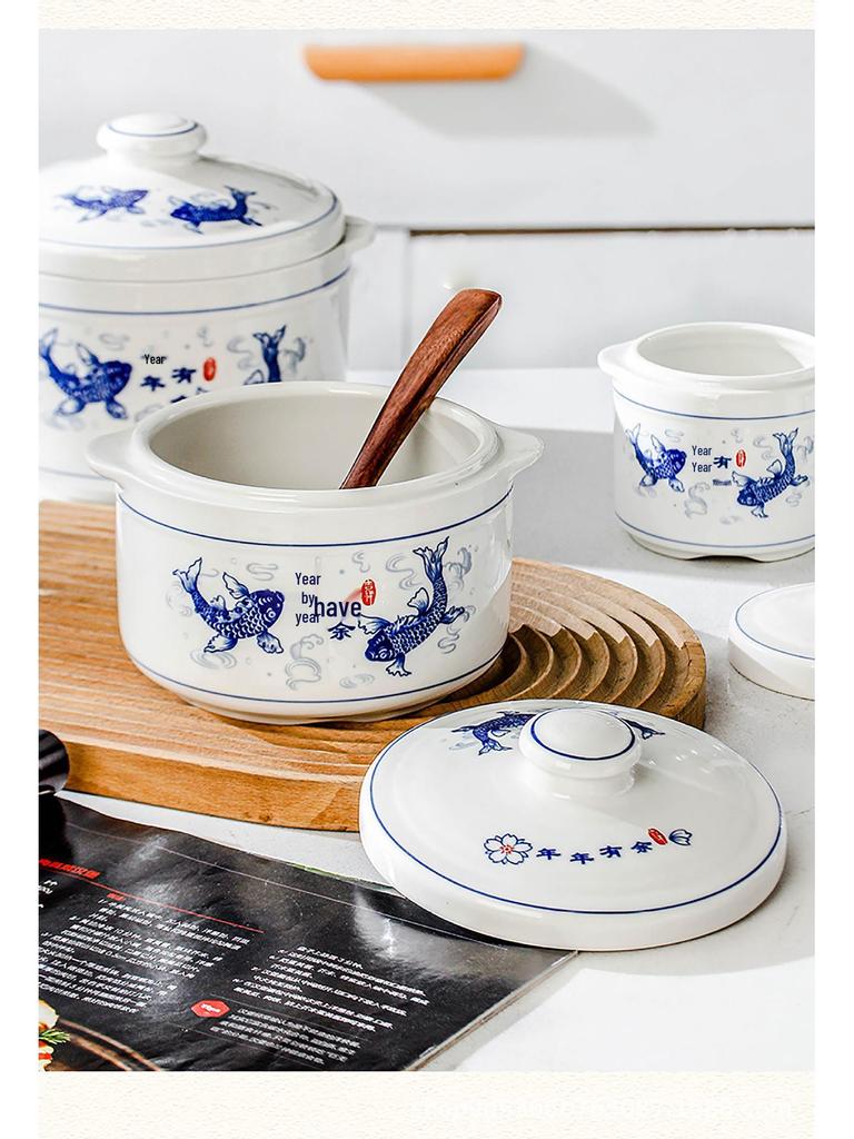 Blue & White Ceramic Double-Boiler Stew Pot with Lid, High Temperature Resistant, Ideal for Bird's Nest Soup and Stews.