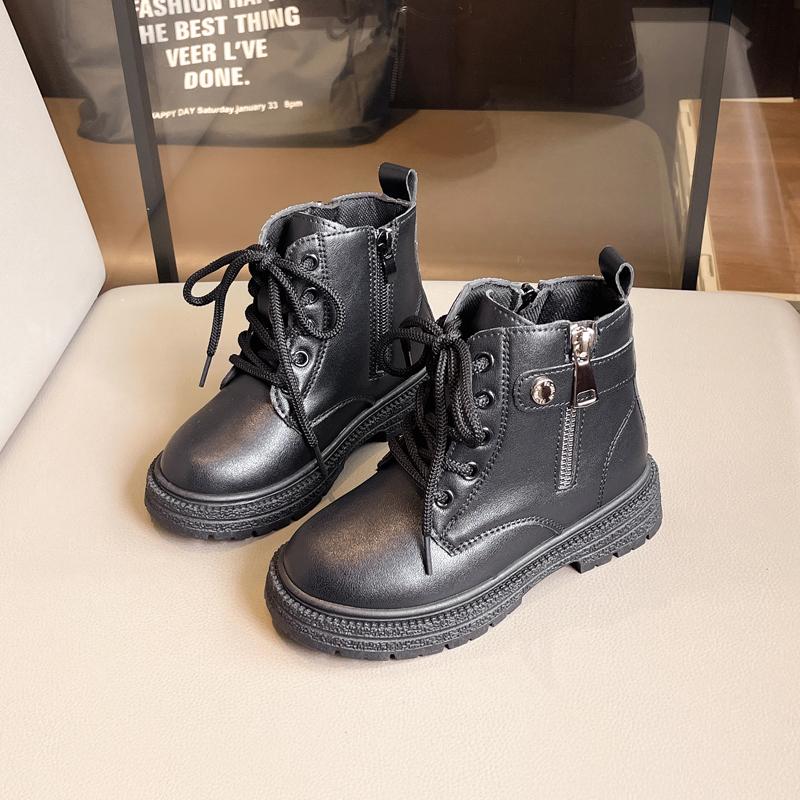 Девичьи ботильоны Весна Осень Дышащие Детские Модные Ботинки Детские Черные Кожаные Ботинки на Молнии Сбоку 2024 Новинка
