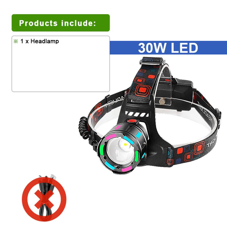 30 Вт светодиодный налобный фонарь, супер яркий, мощный налобный светильник, светящийся ночник для рыбалки, 18650, регулируемый налобный фонарь