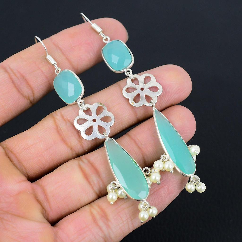 Грушевидный зеленый халцедон камень серебро 925 пробы свадебные висячие серьги-подвески для матери ювелирные изделия