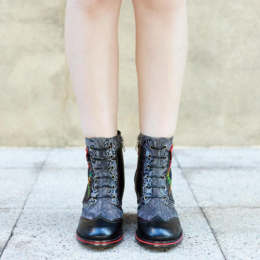 Johnature Ретро Комфорт Толстый Каблук Короткие Сапоги Ручной Работы Натуральная Кожа Сращивание Набивная Ткань Женская Обувь