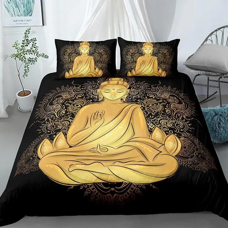 Buddha Duvet Cover Collection King Size Exotic Ethnic Bohemian Bedding Collection Microfiber Golden Buddha Statue Print Gorgeous Quilt Cover