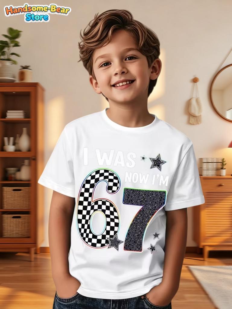 67 Meme T-Shirt for Kids 6-7 Years Old Birthday Party Gifts Summer Short Sleeve Tees Crew Neck Graphic Y2k Children's Clothing