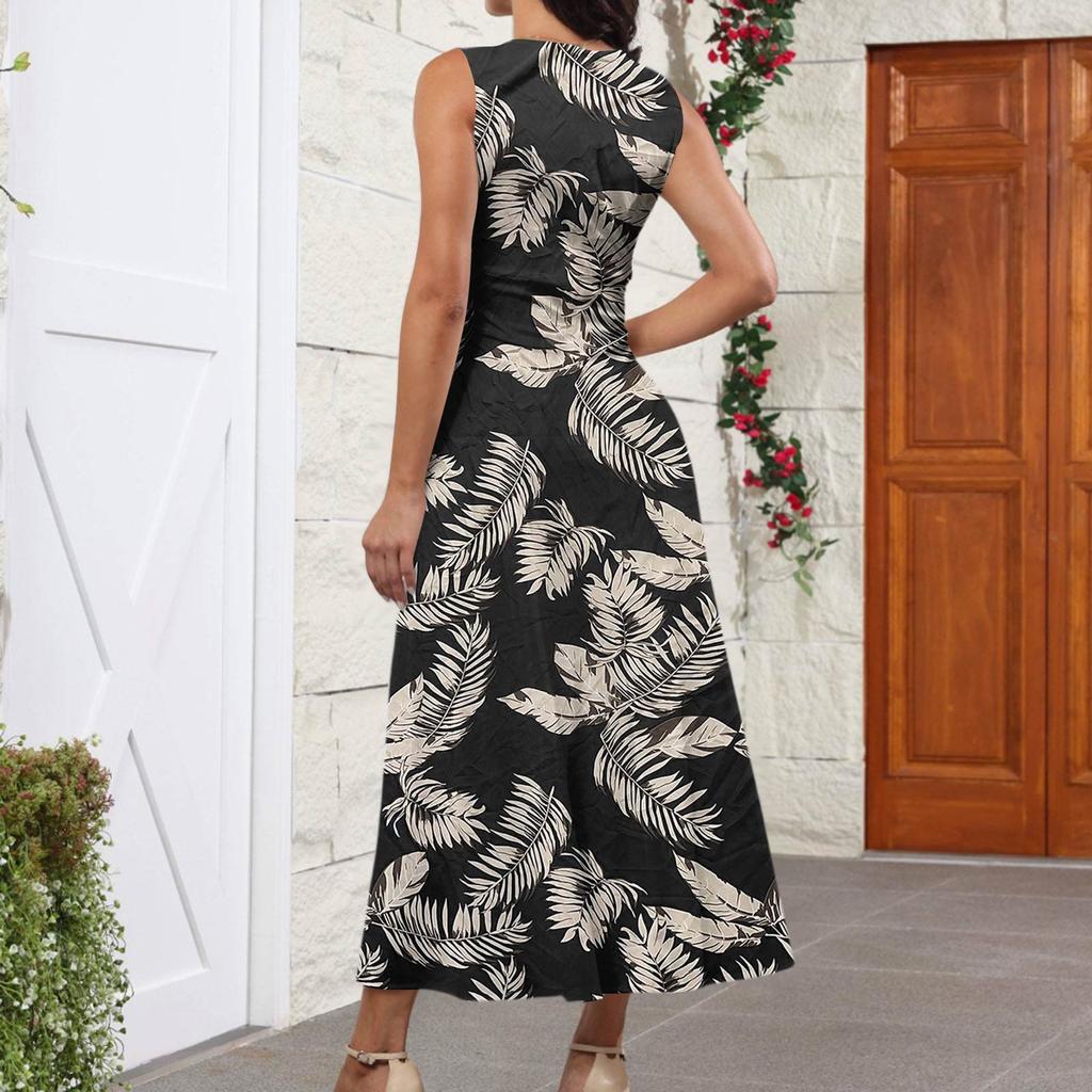 Женские модные повседневные свободные платья с V-образным вырезом без рукавов с принтом