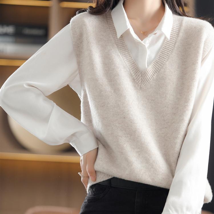 YYFS Женские модные повседневные однотонные свитера с v-образным вырезом без рукавов на осень и зиму