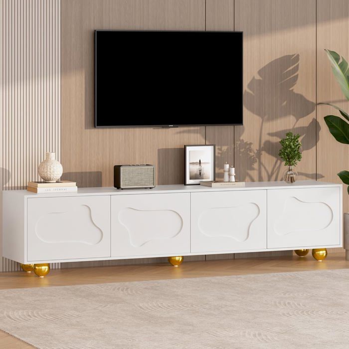 Meuble TV - LEMONBEST - 180 x 40 x 45 cm - 2 armoires 4 portes - Pour téléviseur jusqu'à 75" - Blanc chaud