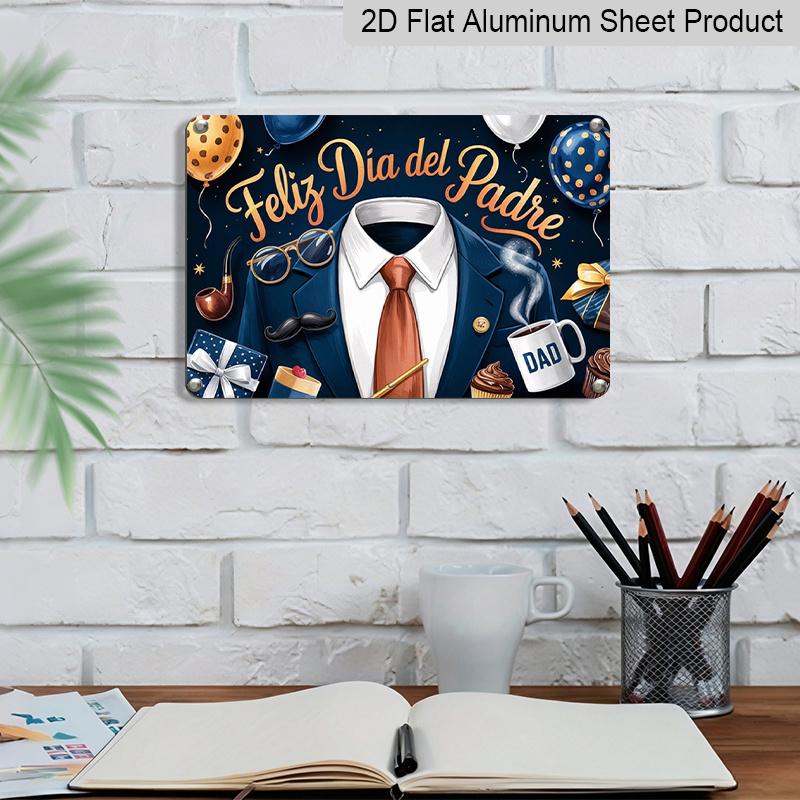 2D Flat, 1pc "Feliz Dia Del Padre" Spanish Father's Day Plaque - Navy Blue & Gold Decor Sign with Suit & Tie, Father's Day Theme - Aluminium Wall