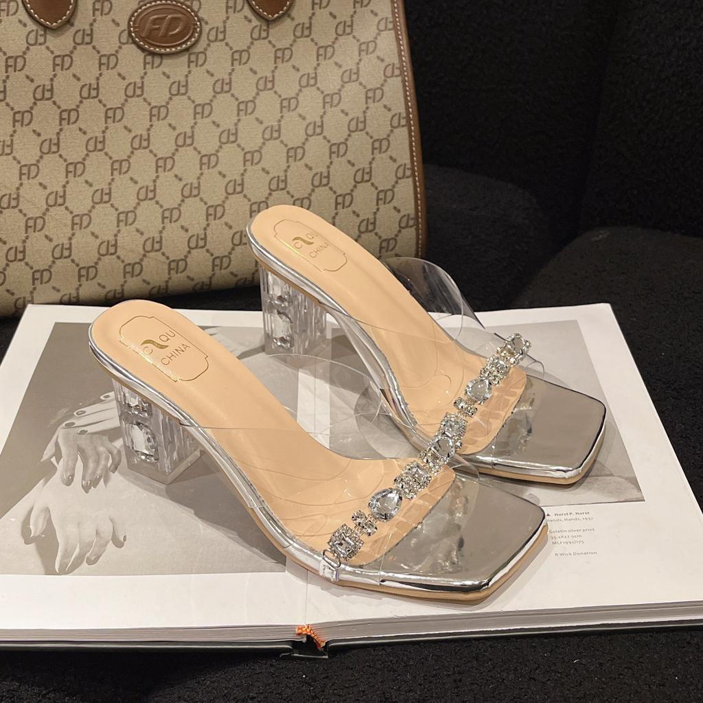 Прозрачные сандалии на толстом каблуке со стразами для женской уличной обуви 2025 новые квадратные хрустальные и универсальные крутые шлепанцы на высоком каблуке