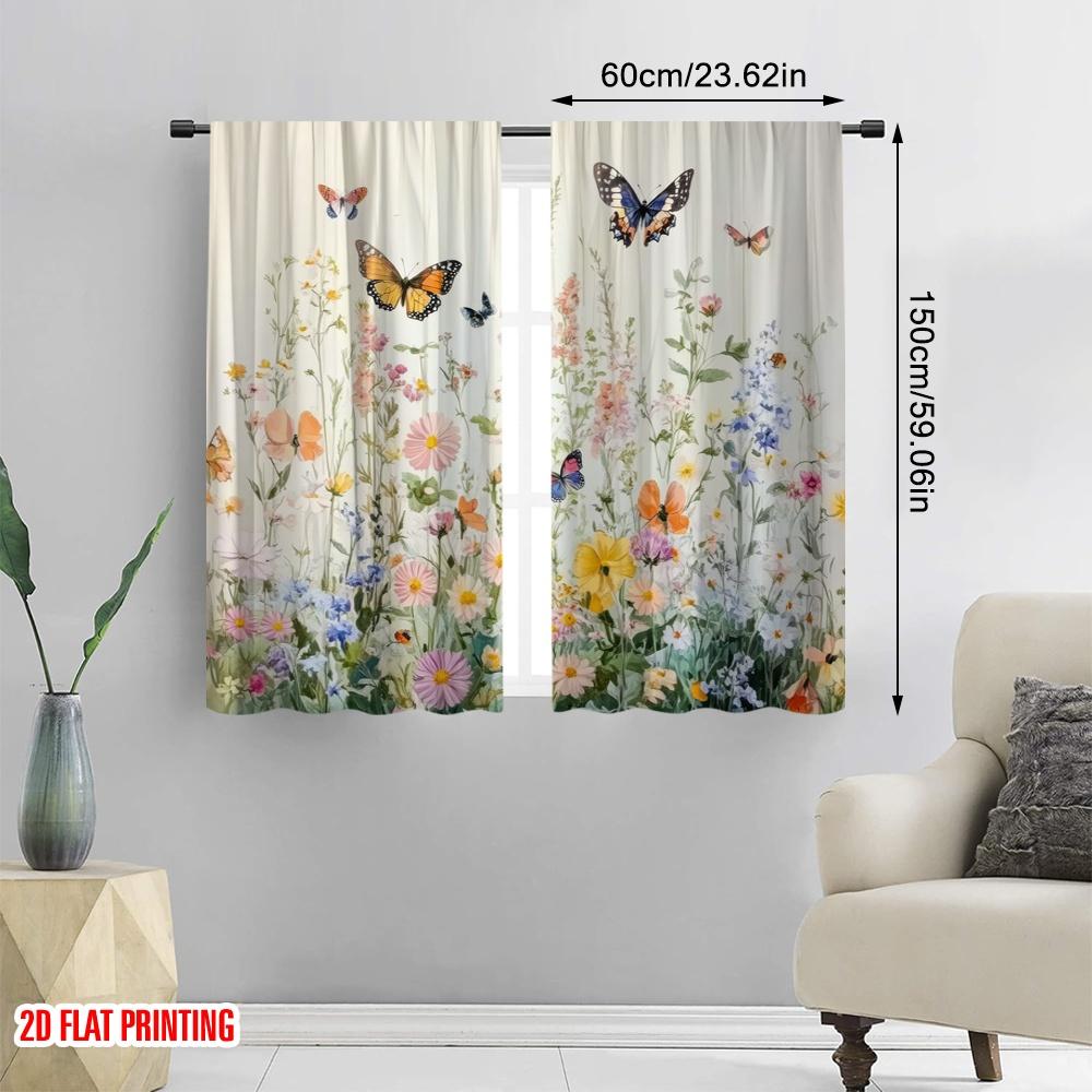 2pcs,2D Plane Printing Contemporary Curtains Butterfly Meadow 100% Polyester (without Rod) Versatile All Use for Bedroom Living