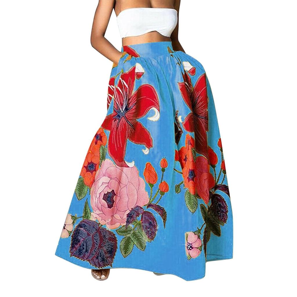 Женская мода с цветочным принтом, свободная полуюбка с высокой талией, пляжное удлиненное платье