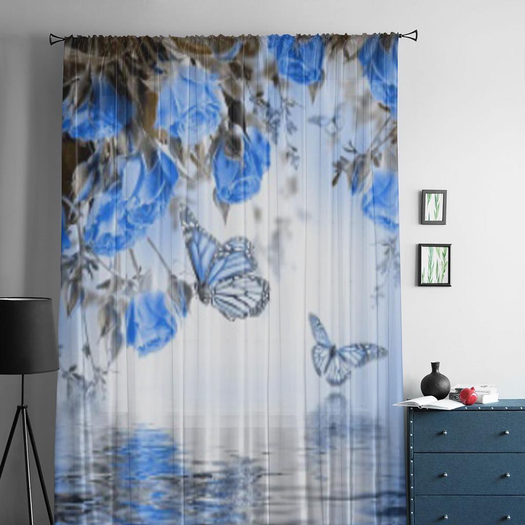 Розы и бабочки Цветочные синие тюлевые прозрачные шторы для гостиной, спальни, кухни, украшения, вуаль, шторы из органзы