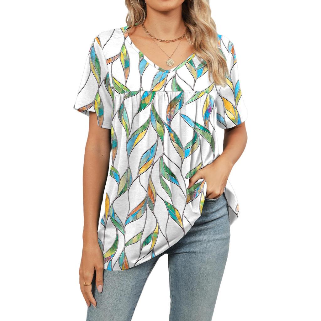 Women Boho Floral Leaf Geometric Print V Neck Tunic Top, Short Sleeve Front Pleated Flowy Hem Loose Fit Casual Daily Blouse