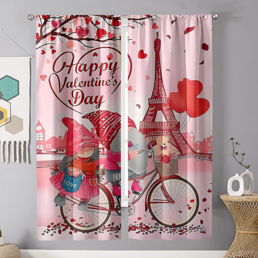 Set Of 2 Romantic Valentine Day Gnome Eiffel Tower Curtains Perfect Festive Window Decor Bedroom Living Room Curtain Polyester Ideal For Sitting