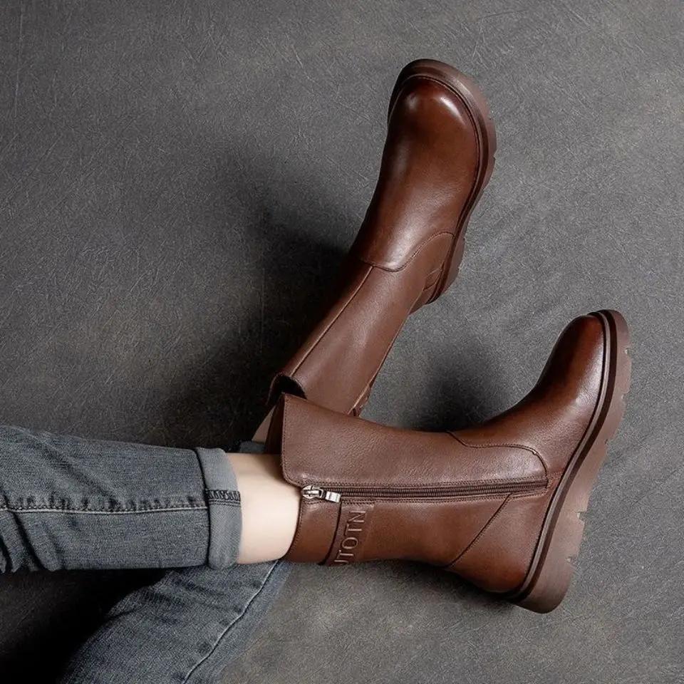 Зима 2024 Осень Элегантные Женские Полусапожки на Низком Каблуке Распродажа Моды Новые Удобные Женские Туфли До Середины Икры