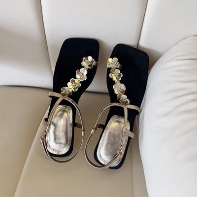 Версия из овчины~ Сандалии с квадратным носком и цветочной отделкой из пайеток, женские изысканные сандалии на танкетке для юбки
