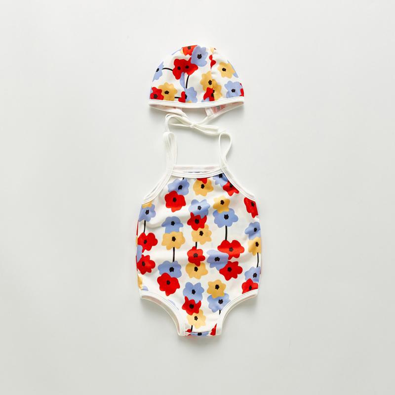 Летний пляжный купальник бикини с цветочным принтом для маленьких девочек и комплект шляпы