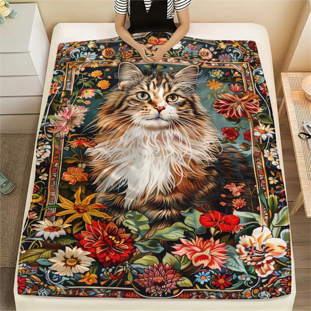 1Pc Boho Floral Cat Print Flannel Blanket, High quality Comfortable for All Seasons, Home Decor, Warmth and Comfort, Perfect for Christmas Gifts