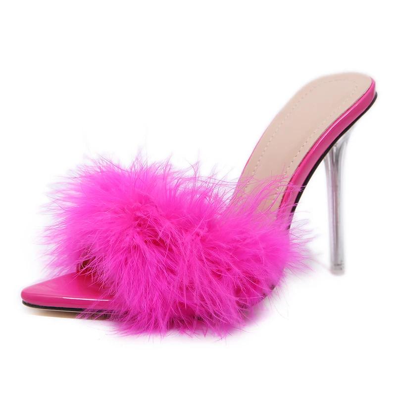 Maogu Stiletto Peep Toe Mules Lady Slides Shoes Transparent Cabolt Summer Sexy Feather Woman Slippers Perspex High Heels Zapatos