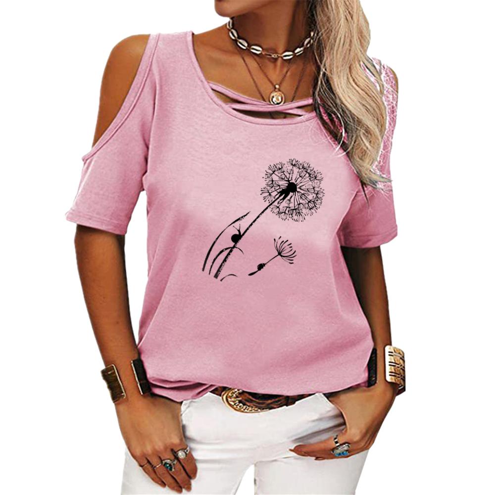 Women Fashion Off Shoulder T-shirt Ladies Casual Round Neck Floral Print Top Summer Short Sleeved Tee Shirt