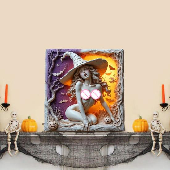 Halloween Witch Decoration Resin Sexy Witch Art Slate Tabletop Witch Sculpture with Pumpkin Bat And Spooky Trees for Home Desk Mantel Cabinet