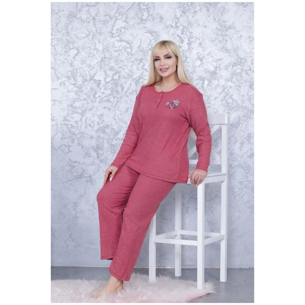 Wide Fit Mother's Winter Long Sleeve Green Plus Size Pajama Set - Single Flower