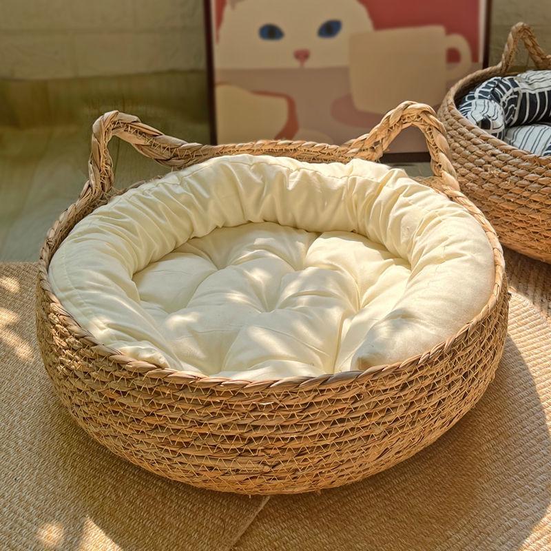 OUZEY плетеная корзина для кошек из ротанга, мягкая, теплая, с подушкой, для щенков и котят, круглая, удобная, спальная, для кошек