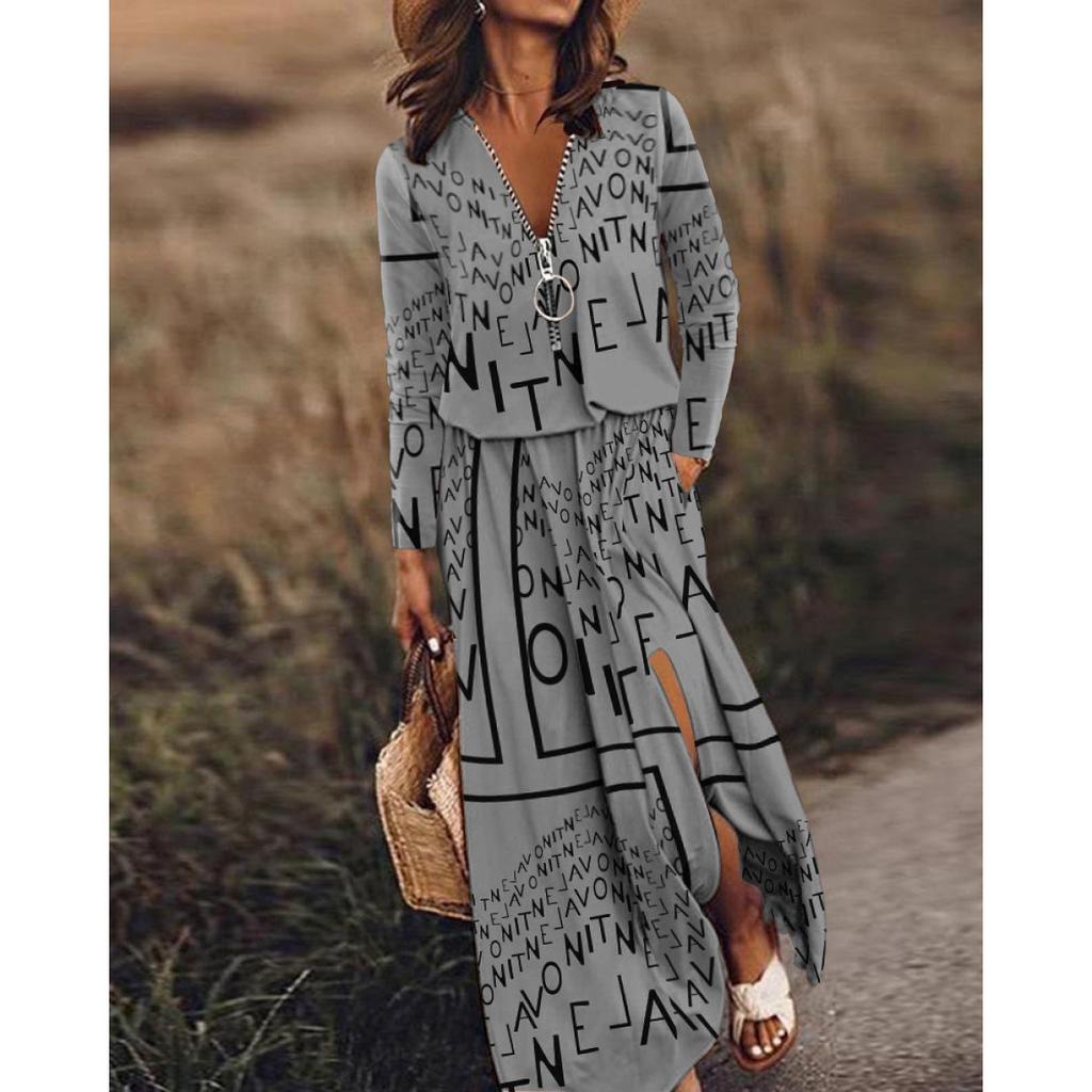 Women's Long Sleeve Zipper V Neck Waist Letter Print Loose Plus Size Casual Long Dress
