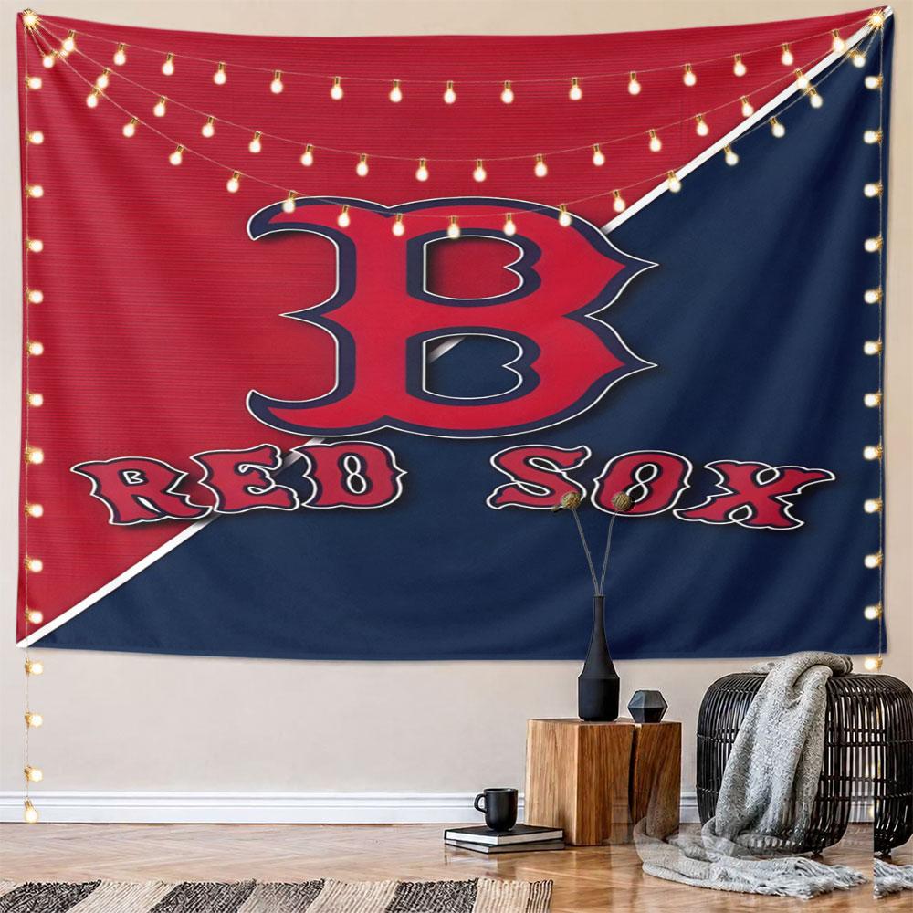 Red Sox Logo on Red and Blue Pattern Wall Hanging Tapestry Decorative Tapestry Home Decor for Bedroom and Living Room