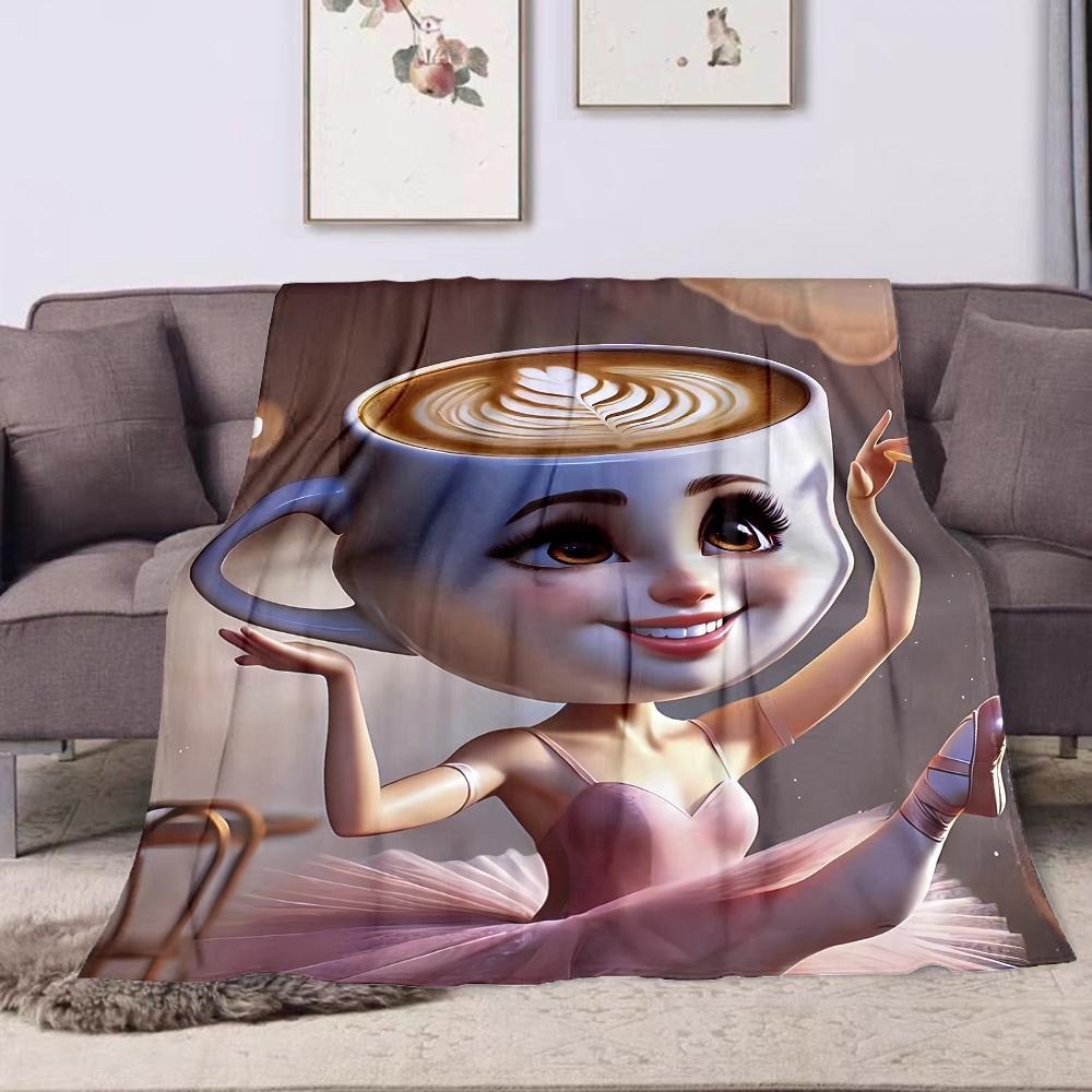 Graceful Ballerina Coffee Cup Illustration Patterned flannel blanket perfect for the bedroom living room, sofa, or a little nap