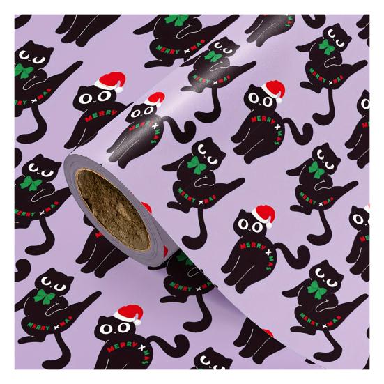Christmas Cat Wrapping Paper 16.4 Ft Cute Black Cats Gift Wrap Roll Holiday Gift Wrap for Boys Girls Cat Lovers Christmas Party