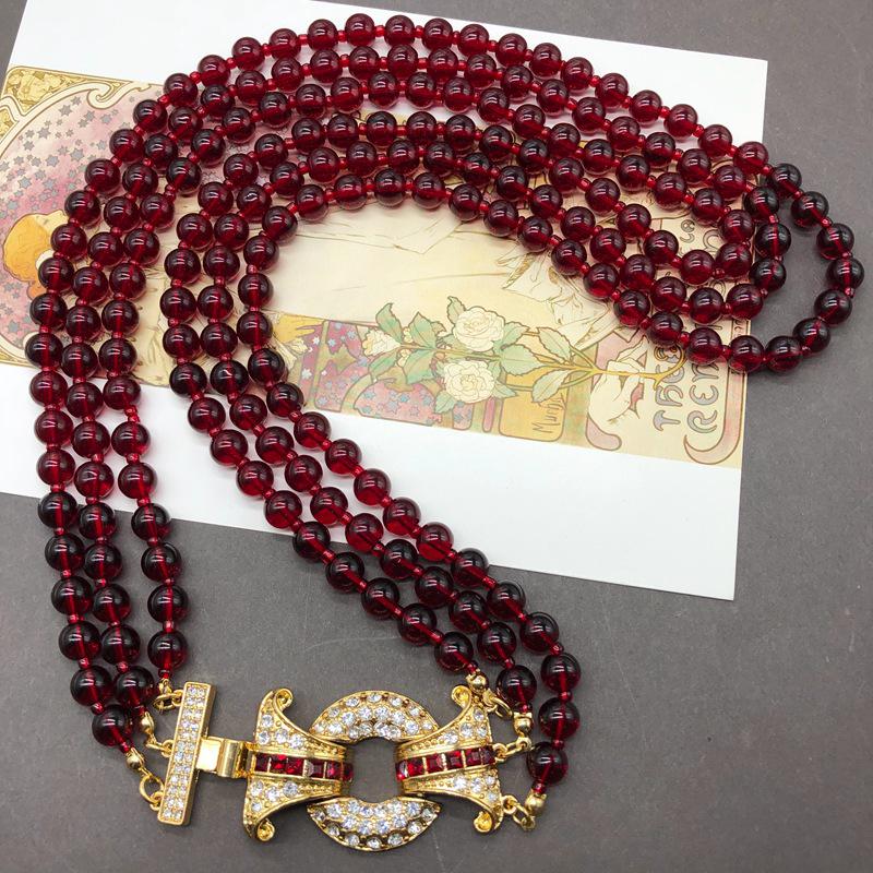 Винтажная многослойная цепочка для свитера из гранатово-красных стеклянных бусин и ожерелье-браслет со стразами